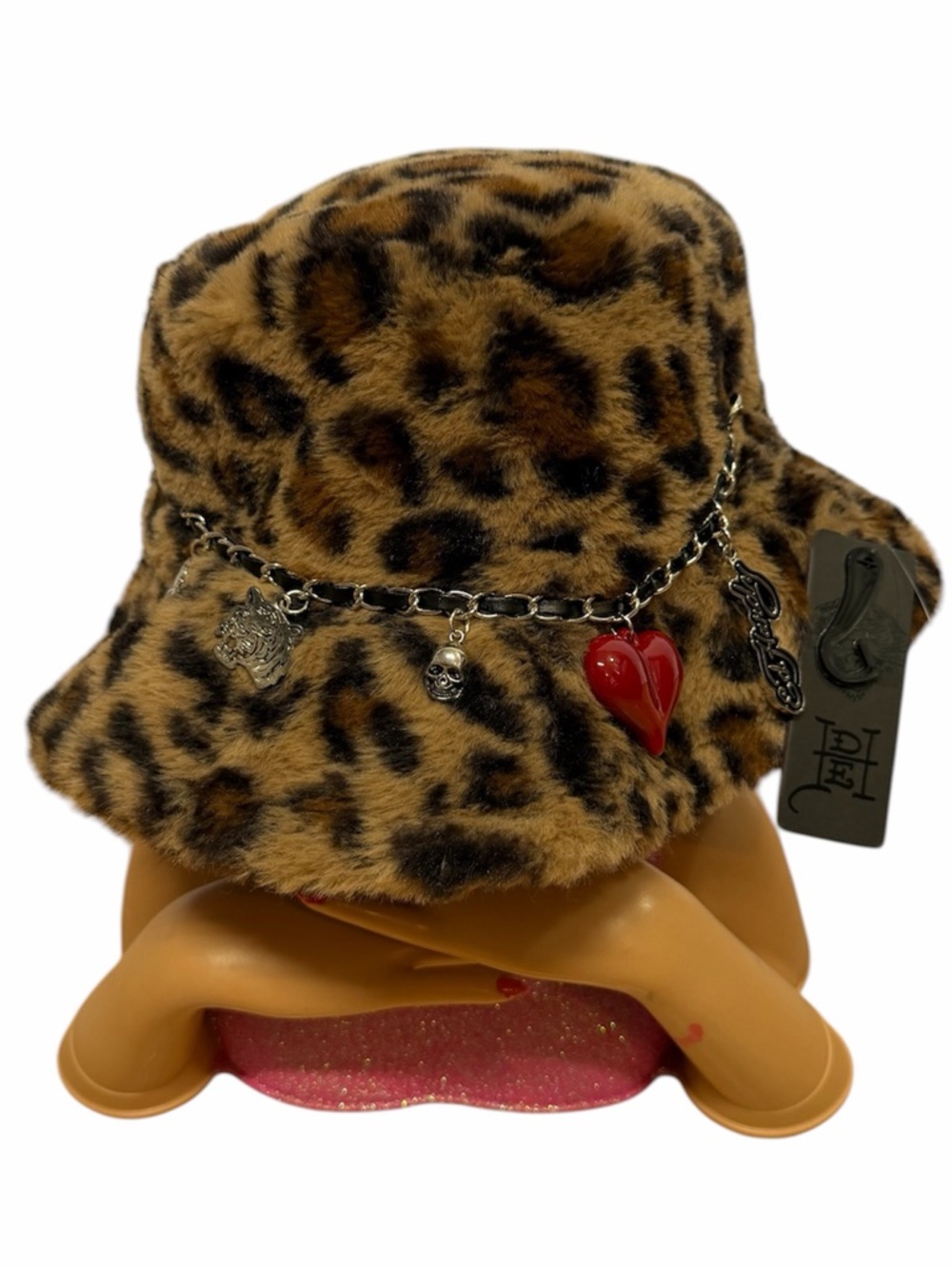 Ed Hardy Leopard Bucket Hat Faux Fur Charm Chain Y2K Streetwear OS